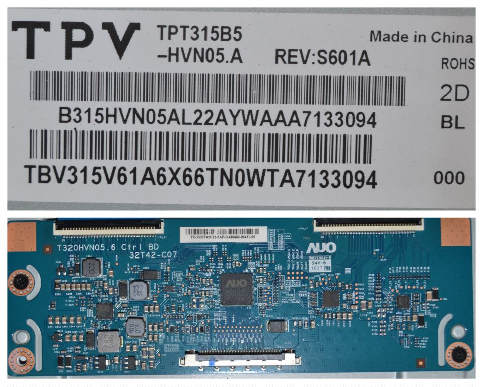 PAN/32INC/PH/AUO/1 LCD панел ,TPT315B5-HVN05.A REV:S601A ,Tcon T320HVN05.6 32T42-C07,