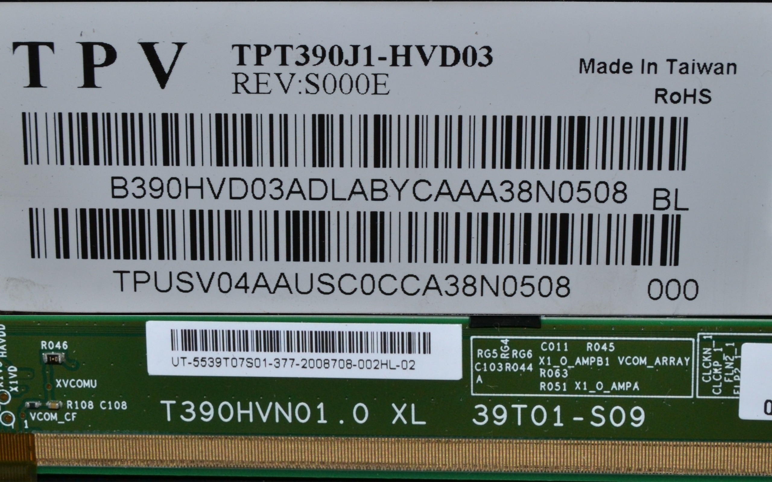 PAN/39INC/PH/AUO LCD панел ,TPT390J1-HVD03 REV:S000E,T390HVN01.0 XL,